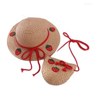 Berets Koreanische Erdbeere Ananas Kinder Sonnenhut Tasche Set Sommer Marke Spitze Bowknot Strand Stroh Für Junge Mädchen Breite Krempe kappe