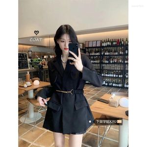 Damenanzüge UNXX Schwarze Anzugjacke Herbst und Winter 2023 High-End Sense Fried Street Lace-up Loose Mid-Length Blazer Top