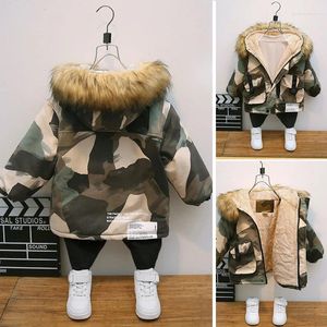 Para baixo casaco de pele do bebê inverno meninos gola com capuz algodão mais veludo engrossar quente camuflagem jaqueta para crianças outwear roupas dos miúdos