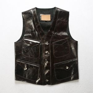 Coletes masculinos para homens genuínos colete de couro genuíno vintage estilo britânico casual jackets sem mangas do pescoço v ritmo de cowboy tanque de peito de peito 230420