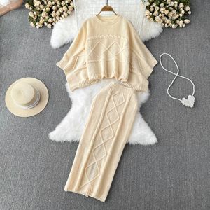 Two Piece Dress Autumn Winter Korean Women Knitted 2 Piece Set Batwing Sleeve Loose Tops Slim Bodycon Skirt Female Sweater Suits 230421