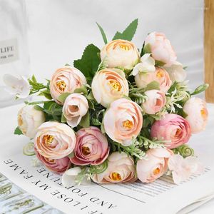 Dekorativa blommor 1Bouquet 12heads Artificial Peony Tea Rose Camellia Silk Fake Flores For Diy Home Garden Decoration Wedding Bride Flower