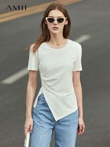Women's T-Shirt Amii Minimalist Spring Summer Tshirt For Women Oneck Solid Asymmetric Tees Tops Short Sleeve Clothing Female Tops 12240144 230421
