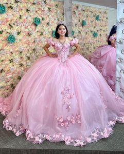 Handgjorda blommor prinsessan söt 16 quinceanera klänningar från axelpärlor boning korsett vestido para debutante de 15 anos