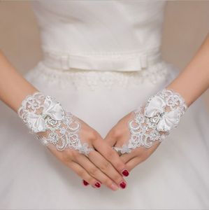 Weiße Hochzeitshandschuh-Etikette, kurzer Handschuh, Schleifenknoten mit Diamantspitze, offener Finger, fingerloses Hochzeitskleid-Zubehör