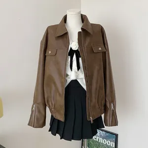 Cappotto in PU sintetico corto marrone vintage in pelle da donna donna primavera autunno casual bavero manica lunga giacca da motociclista da motociclista femminile streetwear