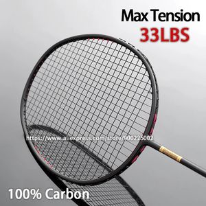 Professionell stötdämpning max spänning 33 kg full kolfiber badminton racket med väskor strängar ultralight 4u 82g racquet 231120