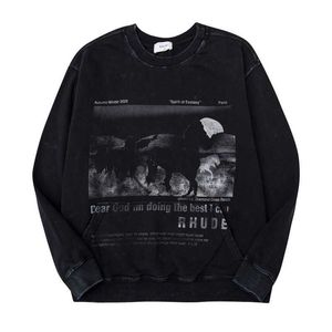 Odzież markowa Bluzy z kapturem Bluzy Ryczące małe oczka Rhude Washed Tekstura w stylu vintage Nadruk z kucykiem Główna ulica Luźny pulower Streetwear Kurtka pulowerowa Hip hop