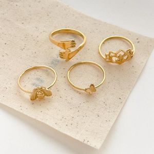 Cluster Rings 316L Stainless Steel Cute Bee Butterfly Hollow Lotus Ring For Women Girls Jewelry Birthday Gifts