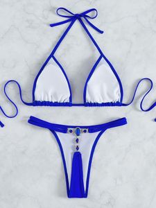 Moda de banho feminina Biquíni sexy feminino real azul cristal de cristal de diamante Triângulo Bikinis Bikinis Set Bathing Thong Beach Bikini fêmea 230421