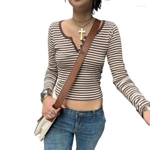 Women's T Shirts Chic Women Vintage Stripe Slim Fit Crop Tops Autumn Spring Casual Button Full Sleeve T-shirt Y2K Clothes Retro Pullovers