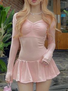 Vestidos casuais y2k na moda rosa mini vestido manga longa mulheres plissado bodycon bonito kawaii elástico magro cabido esporte dança