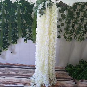 Fiori decorativi Ghirlanda di glicine simulata bianca di alta qualità 3 forchette Fiore di seta artificiale String Crittografia Pianta Rattan per matrimonio