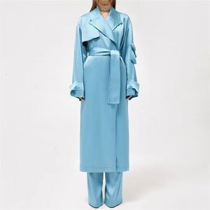 Women's Trench Coat's Jackets Spring 2023 Korean Fashion High Quality Satin Double Breasted Long Style Big Name 230421