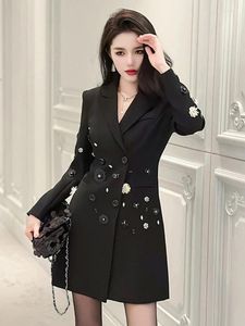 Casual Dresses Elegant Women's Black Suit Dress French Diamond Sequin Flower Female Ol Style Work Professional Business Long Jacket Coat