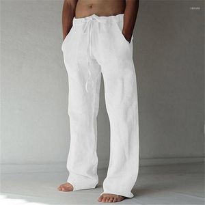 Męskie spodnie męskie dresowe spodnie solidne pełna długość kieszeni sznurka lniane spodnie sprężyste elastyczne fitness streetwear