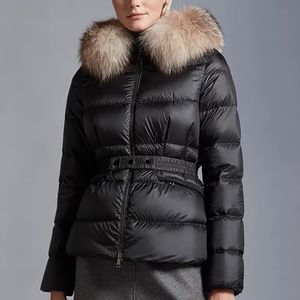 Inverno ao ar livre pele com capuz feminino para baixo jaqueta cintura elástica jaqueta feminina braço crachá puffer jaqueta tamanho 1-4