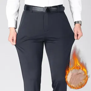 Ternos masculinos cintura média terno calças macias espessadas de pelúcia negócios sem rugas perna reta elástica para homens de escritório