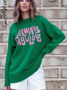 Fashion Letter Print Knitted Pullover For Women Casual O Neck Long Sleevees Ruched Spliced Sweater Thick Highstreet Jumper