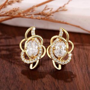 Hoop Earrings Female Round White Zircon Flower For Women Gold Color Charm Bridal Wedding Engagement Small Ear Buckle Jewelry CZ