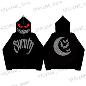 Herrtröjor tröjor rhinestone roliga demon måne bat mönster y2k goth grunge retro hip hop punk full zip up hoodie överdimensionerade män kvinnor tröjor t231121