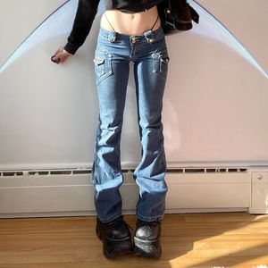 Damenjeans Y2K-Ästhetik Retro-Knöpfe in voller Länge Blaue Jeanshose Damen Slim Streetwear 2000er Jahre niedliche Taschen trimmen Low Rise Jeans 230421