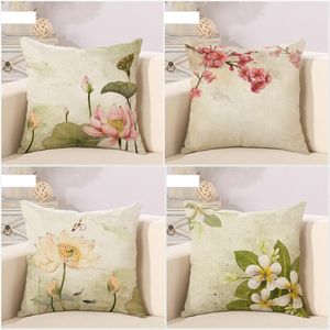 Pillow Chinese Fresh Lotus Sofa Throw Pillowcase Decorate Retro Cotton Linen Cover Capas De Almofada Home Decor /Decorative