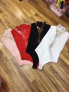 Lässige Kleider Rot Schwarz Winter Runway Bandage Bodysuits Frauen Trendy Spitze Verziert Sexy Lady Bodycon Bademode Beachwear