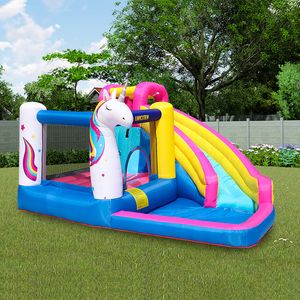 Scivolo Gonfiabile per Piscina Casa Rimbalzante Moonwalk Scivolo d'Acqua per Bambini Giochi all'aperto Parco Divertimenti Castello Gonfiabile con Scivolo Unicorno Tema Buttafuori con Ventilatore Cortile