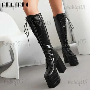 Botas Cool Mulheres Botas de Motocicleta Botas de Salto Alto Joelho Alto Sassy Plataforma Sapatos Lace Up Zip Luxo Designer Marca Winter Street Booties T231121