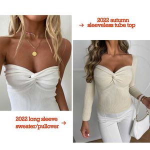 Kvinnors t-shirt stickad Y2K Tube Corset Crop Top Women Summer Strapless Camis Backless Off Shoulder Tank Top 2022 Bustier Vintage White Yuqung W0420