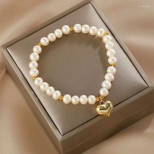 Strand Minar Trend 14K Gold Plated Brass Metallic Love Heart Real Freshwater Pearl Beaded Charm Bracelets For Women Accessories