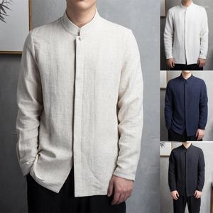 Camisas casuais masculinas estilo chinês retro jacquard algodão camisa de linho gola tradicional sólida hanfu manga comprida zen terno top