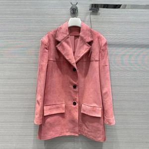 Cappotto da donna in pelle di pecora scamosciata di qualità in pelle rosa Cappotto da donna con tasche a maniche lunghe con intaglio Giacca ampia monopetto