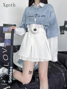 Work Dresses 2023SS Japanese Tie-dye Short Sweatshirt Niche Design Loose Long White Shirt Early Autumn A Girl Two-piece Set Cool Streetwear