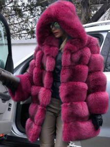 Womens Fur Faux Autumn and Winter Coat Elegant Jacket Imitates Fox Long Sleeve Hooded Luxury Clothing Fluffy Synthetic 231121