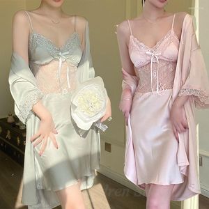 Momento de sono feminino NightyroBe Set Silk Rayon Women Lace Perspective NightGown Causal Kimono Bathrobe Dress Dress Femme