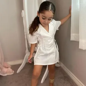 Vestidos da menina do bebê meninas vestido coreano crianças duplo breasted puff manga plissado cordão rendas até vestidos crianças roupas 3 a 10 anos