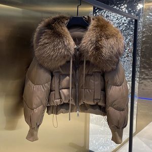 Womens Fur Faux vinter Uppblåsbar jacka Tjock och korta parkor Verklig naturlig tvättbjörn Löst 90% White Duck Down Coat 231121