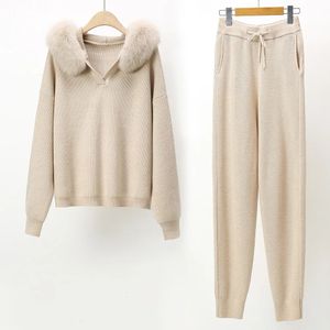 Womens Two Piece Pants Wool Coat Set True Fox Fur Collar Hooded Knitted Spring and Autumn JS3907AB 231120