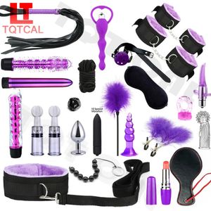 Bondage 25 PCS Sexy BDSM Kits Algemas de Pelúcia Adultos Jogos Sexuais Conjunto de Bondage Chicote Gag Mamilo Grampos Anal Plug Vibrador Sex Toys para Mulheres 231121