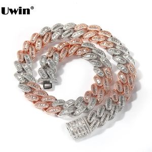 Pendant Necklaces UWIN 15MM Two Tone baguettecz Zircon Necklaces Iced Out Cuban Link Chain AAA Rose Gold/Silver Color CZ Necklaces Hip Hop Jewelry 231121