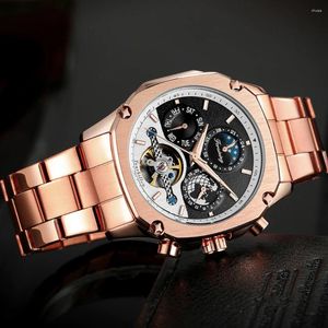 Armbandsur ForSining Brand Mens Mechanical Watches Super Grand Automatic Moonphase Tourbillon Earth Date Rose Gold Steel Belt Watch