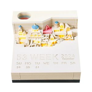 Andra hemträdgården Omoshiroi Block 3D Memopad Kalender 2024 Santorini Mini Notepad med LED Note Paper Art Desk Birthday Present 231121