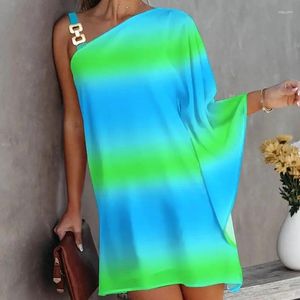 Casual Dresses Spring And Summer Women's Pullover Oblique Neck Strap Bat Sleeve Off Shoulder Metal Solid Tie Dye Print Fashion Sexy