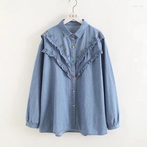 Kvinnors blusar ätliga träd broderade morot lösa skjorta kvinnor denim avviker krage färgglada knappar långärmade toppar blus