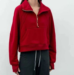 Yoga kläder lu-99 kvinnor fitness hoodies drivande jacka damer sport halv dragkedja tröja tjock lös kort stil päls med fleece thumb hole sportwea5