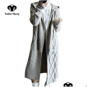 Kvinnors tröjor skräddare får Autumn Winter New Hooded Coat Women Lose Cardigan Female Long Cashmere Sweater Thick Sticked Wool 201 DH9AK