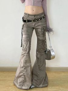 Women's Jeans Light Brown Washed Low-waist Slightly Flared Overalls Rivet Multi-pocket Slim-fit Waste Earth Style Street Trousers