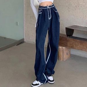 Kvinnors jeans mörkblå kvinnor tvättade baggy byxor amerikansk vintage y2k street stil hög midja tunna löst breda ben casual byxor femme